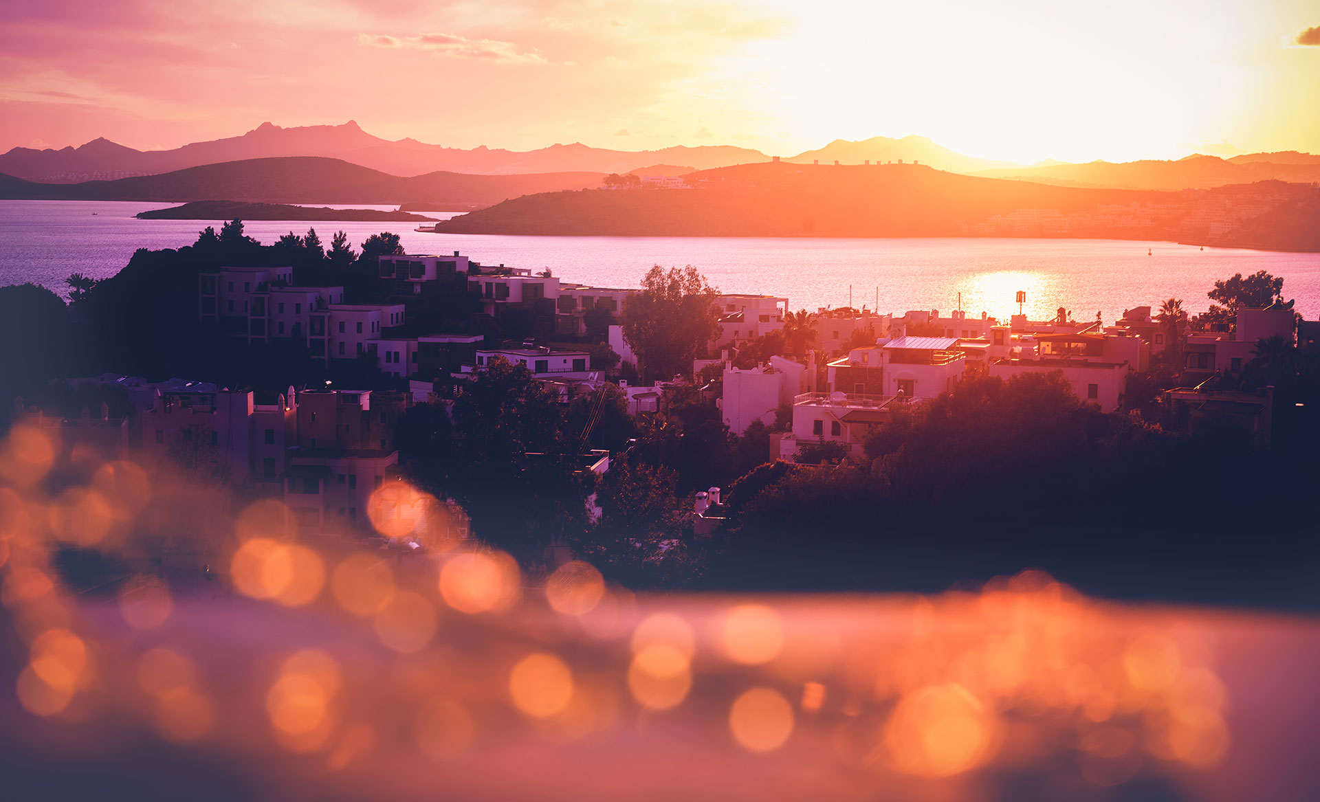 Sunset landscape in mountain range overlooking a lake