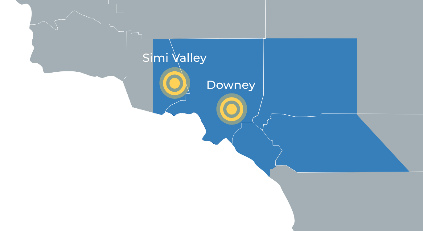 Mapa de ubicaciones de cuidados paliativos a domicilio en Los Ángeles, cerca de Simi Valley y Downey.
